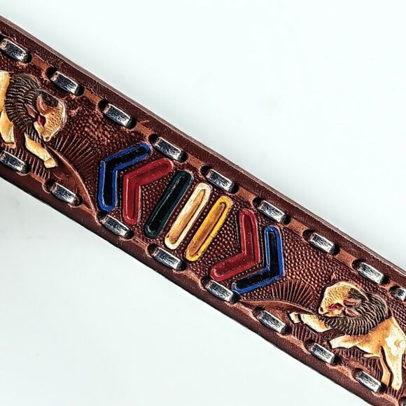 Mexican Silver Brown Hand-Tooled Painted Leather Belt - 36 - Picture 6 of 7